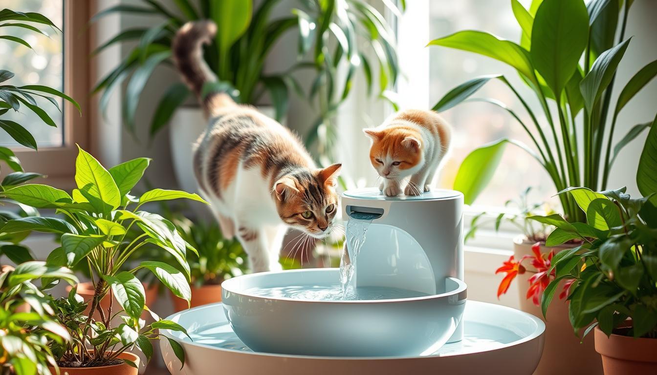 A serene indoor scene featuring a modern cat water fountain surrounded by lush indoor plants, soft natural light filtering through a window, showcasing a curious cat drinking from the fountain,